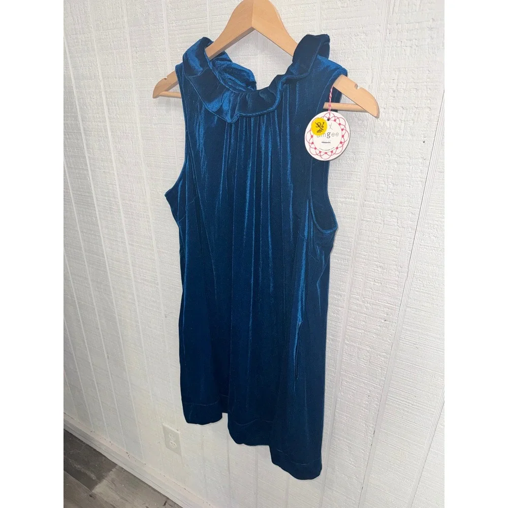 Umgee Velvet Shift Dress Womens Teal Blue Ruffle Tie Neck Sleeveless L
